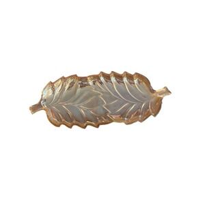 Vtg Carnival Glass Marigold Iridescent Double Leaf 11" Platter Trinket Dish Boho